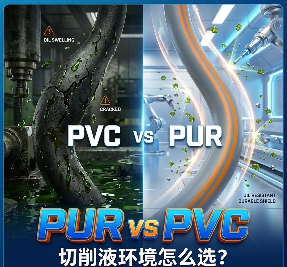 PUR vs PVC：机床切削液环境下，你的拖链电缆选对护套了吗？